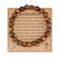 Godfather Gifts, Natural Stone Cross Bracelet from Goddaughter Godson D0010-Brown